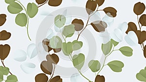 Floral seamless pattern, green, brown and white Silver Dollar Eucalyptus leaves on light gray, pastel vintage theme