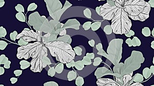 Floral seamless pattern, green fiddle leaf fig plant and Silver Dollar Eucalyptus leaves on dark blue, pastel vintage