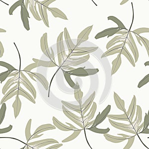 Floral seamless pattern, green tropical leaves plant on white background, vintage theme.