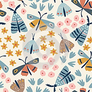 Floral seamless pattern. Hand drawn colorful flowers with flying butterflies and moth. Flat modern kids design for