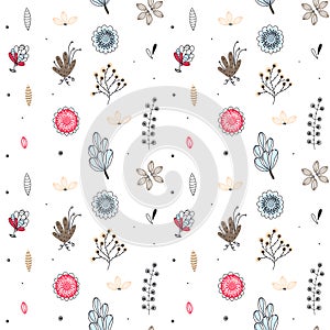 Floral seamless pattern. Hand drawn creative flowers. Colorful artistic background with blossom. Abstract herb