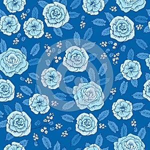 Floral seamless pattern with hand drawn cute flowers for textile, wallpapers, gift wrap and scrapbook. Dark blue background.