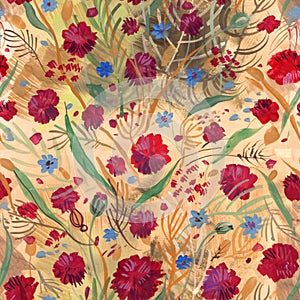 Floral seamless pattern hand drawn with gouache