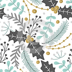 Floral seamless pattern. Hand drawn herbs. Merry Christmas. Winter holiday. Artistic background. Holly