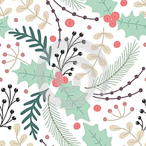 Floral seamless pattern. Hand drawn herbs. Merry Christmas. Winter holiday. Artistic background. Holly