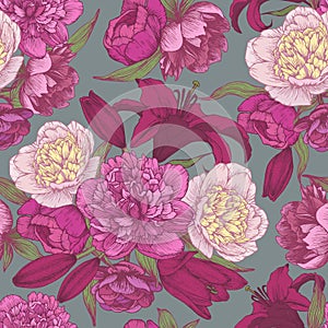 Floral seamless pattern with hand drawn purple and white peonies, crimson lilies.