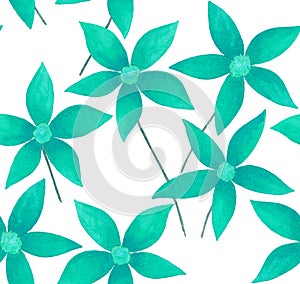 Floral seamless pattern. Hand drawn watercolor painting turquoise daisy flowers on white background.