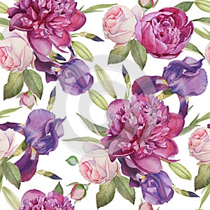 Floral seamless pattern with hand drawn watercolor peonies, roses and irises