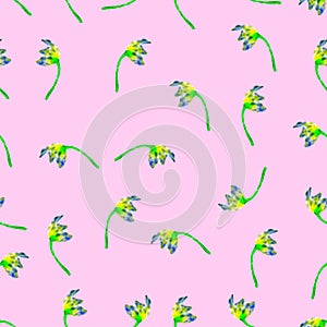 Floral seamless pattern.Hand painted tulips plum. Bright watercolor illustration.Yellow flowers on pink background.