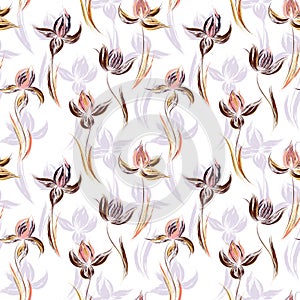 Floral seamless pattern of irises. Irises painted imitation of oil paint. Creative execution of floral ornament. Brown