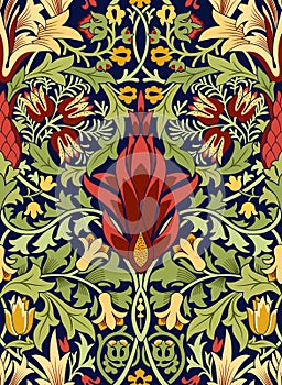 Floral seamless pattern with a large red flower in the center on dark blue background. Classic colors. Vector