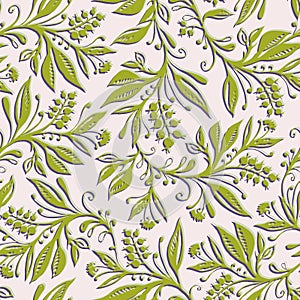 Floral seamless pattern with leaves and berries in chartreuse green and cream colors. Hand drawn and digitized