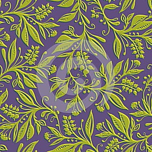 Floral seamless pattern with leaves and berries in chartreuse green and violet colors. Hand drawn and digitized