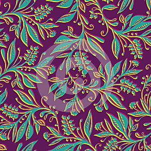 Floral seamless pattern with leaves and berries. Hand drawn and digitized.