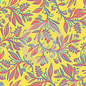 Floral seamless pattern with leaves and berries. Hand drawn and digitized.