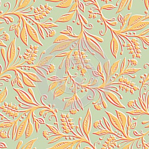 Floral seamless pattern with leaves and berries. Hand drawn and digitized.