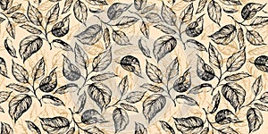 Floral seamless pattern with leaves in grayscale and golden foiled contour on beige.