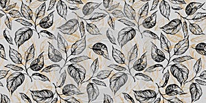 Floral seamless pattern with leaves in grayscale and golden foiled contour on grey.