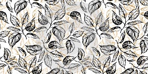 Floral seamless pattern with leaves in grayscale and golden foiled contour on white.