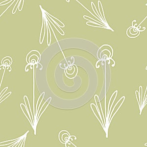 Floral seamless pattern in line art style.  Abstract botanical print of flowers, leaves, twigs. Textile design texture. Spring