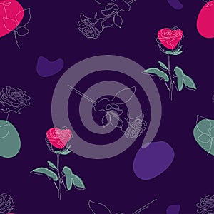 Floral seamless pattern. Linear flower branch of rose with bright spots on dark purple background. Vector illustration