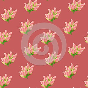Floral seamless pattern made of roses. Acrilic painting with pink flower buds on baige background. Botanical illustration for