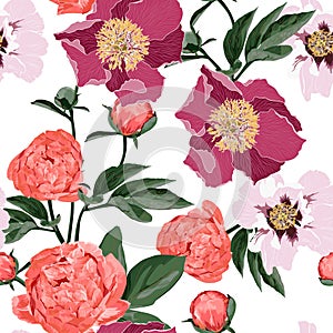 Floral Seamless Pattern with many kind of Peonies. Spring Blooming Flowers Background for Fabric.