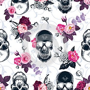 Floral seamless pattern with monochrome human skulls