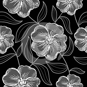 Floral seamless pattern. Monochrome trendy print hand drawn flowers and leaves. Modern design for fabric, textiles, wrapping paper