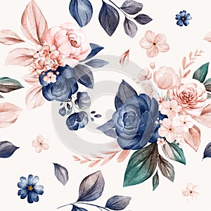 Floral seamless pattern of navy and peach watercolor roses and wild flowers arrangements on white background for fashion, print, photo