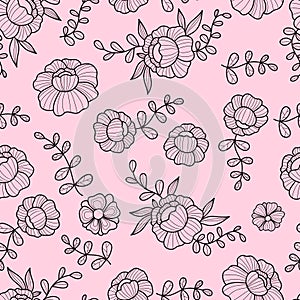 Floral seamless pattern with openwork groovy daisy flower on pink background. Vector Illustration. Aesthetic modern art