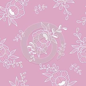 Floral seamless pattern with openwork white flower on pink background. Vector Illustration. Aesthetic modern art linear