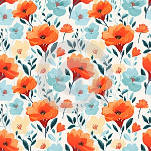 A floral seamless pattern with orange and blue flowers on a white background. AI