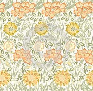 Floral seamless pattern of orange flowers on light background. Vector illustration.