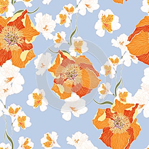 Floral Seamless Pattern with Orange Peonies and herbs. Spring Blooming Flowers Background for Fabric.