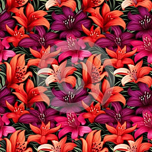 A floral seamless pattern with orange and purple flowers. AI