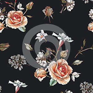 Floral seamless pattern with orange roses, apple blossom, white flowers and anemones