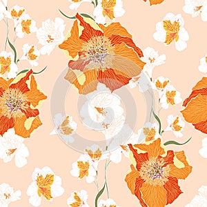 Floral Seamless Pattern with Orange, yellow Peonies flowers. Spring Blooming Flowers,