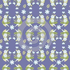 Floral seamless pattern. Ornament of gently blue flowers and leaves on dark blue background. Vector illustration