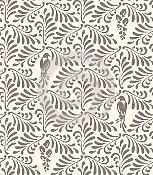 Floral seamless pattern. Ornament with stylized leaves, birds, flowers
