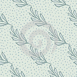 Floral seamless pattern with outline leaf branches shapes. Light blue dotted background. Hand drawn style