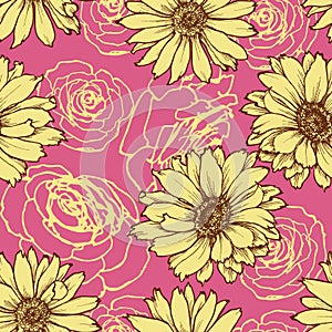 Floral seamless pattern over pink background