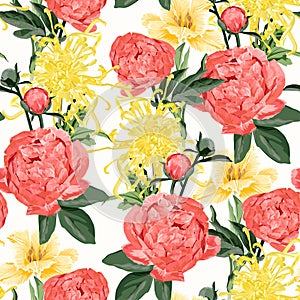 Floral Seamless Pattern with peony flowers, tulips and chrisantemum flowers and leaves.