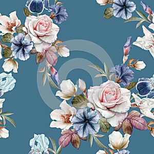 Floral seamless pattern with petunias, hellebore,roses and irises