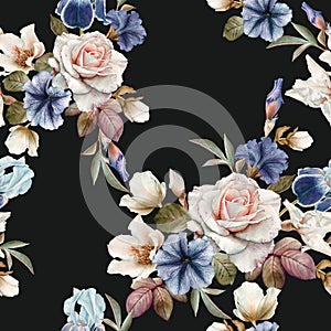 Floral seamless pattern with petunias, hellebore,roses and irises photo