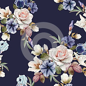 Floral seamless pattern with petunias, hellebore,roses and irises photo