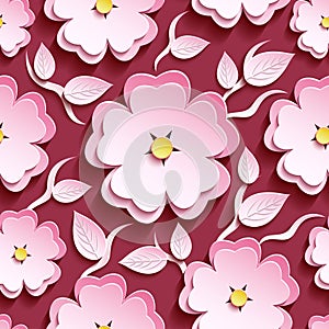 Floral seamless pattern pink 3d sakura and leaves