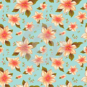 A floral seamless pattern with pink flowers and green leaves on a blue background. AI