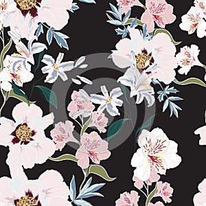 Floral Seamless Pattern with Pink Peony Flowers, alstroemeria and lilies.