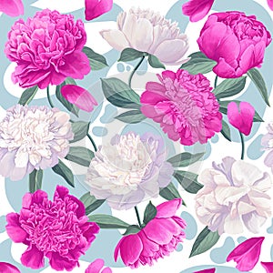 Floral seamless pattern with pink and white peonies on color splashes and spots.